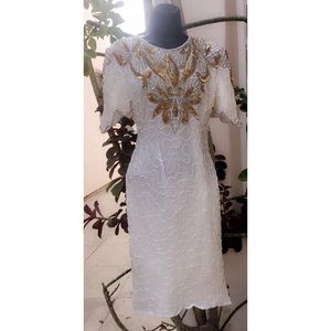 Vintage White Beaded Dress, Size Small